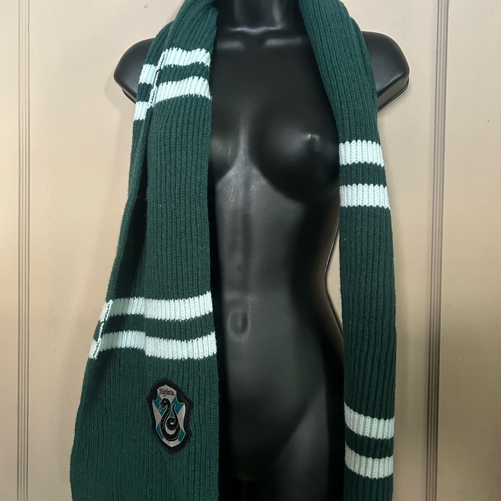 Dark Green and White Striped Knit Scarf with Crest Patch